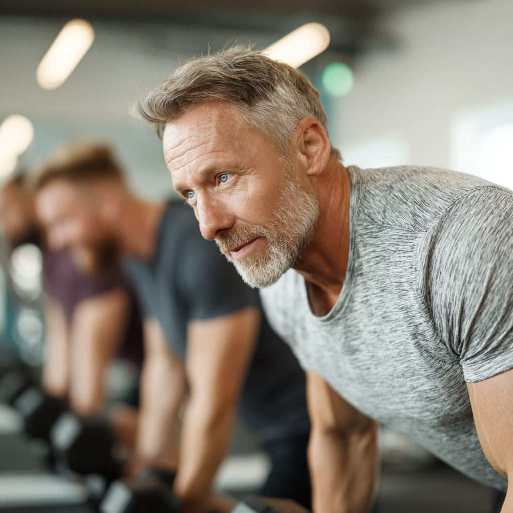 Middle-aged men engaged in functional strength training exercises